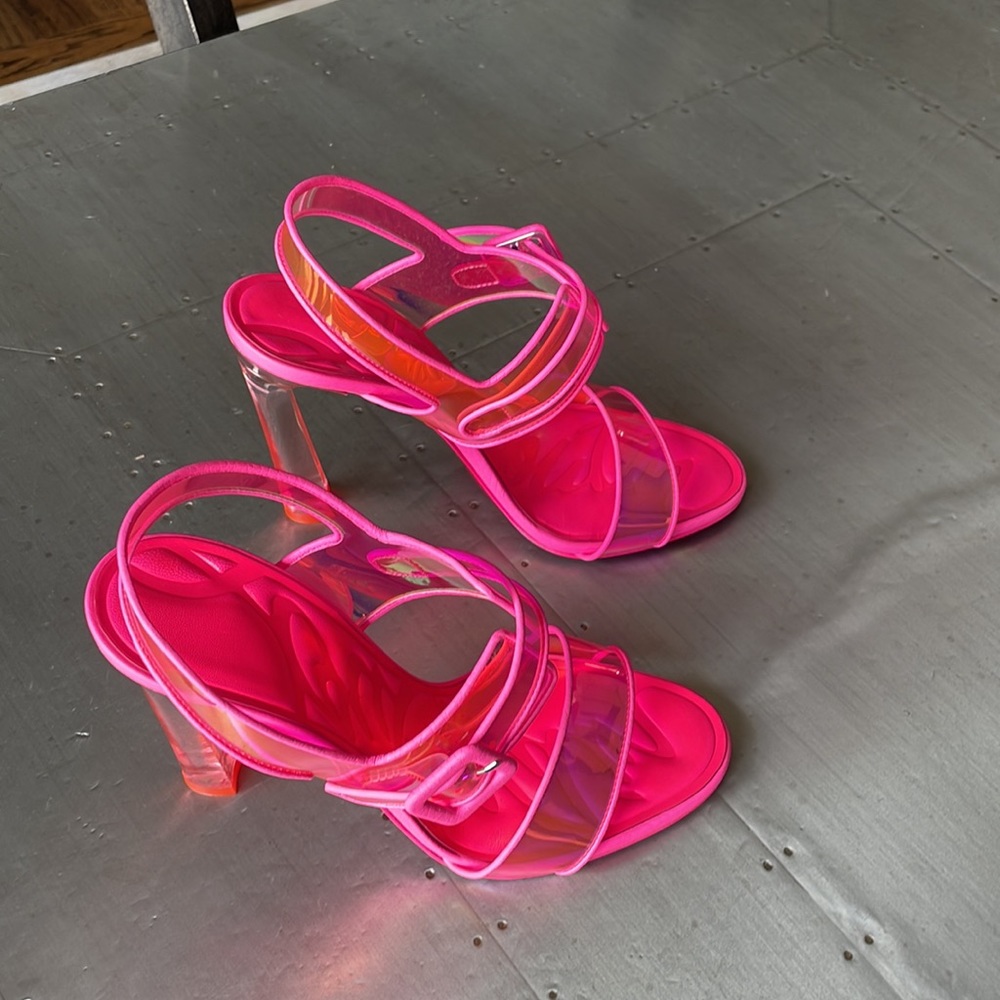 Christian Louboutin loubi duniss 100mm pink neon pvc pump peep toe sandal s 38.5 - Picture 3 of 12